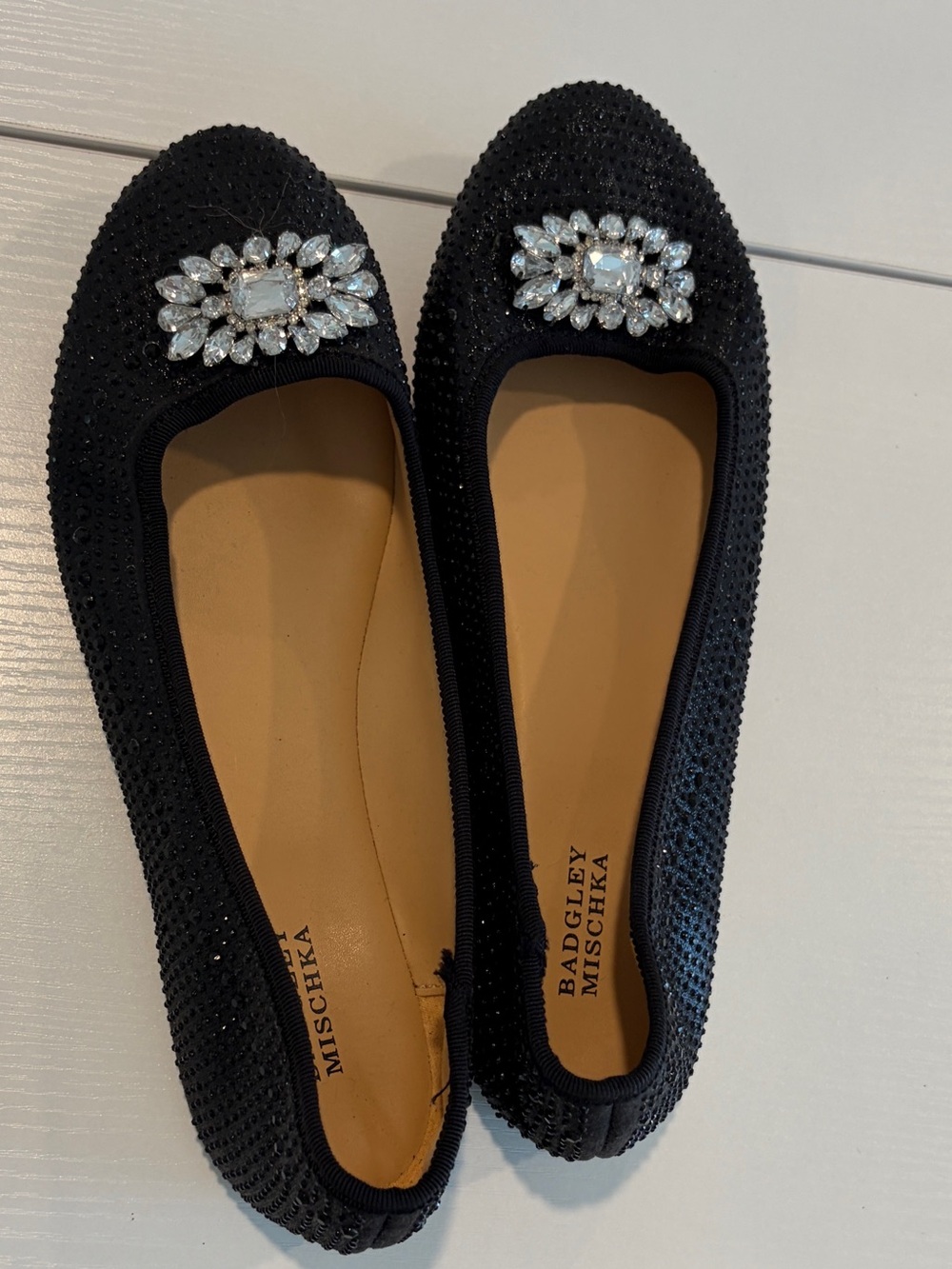 Badgley Mischka Amber Bling Black Crystal Rhinestone Flats Size 5W